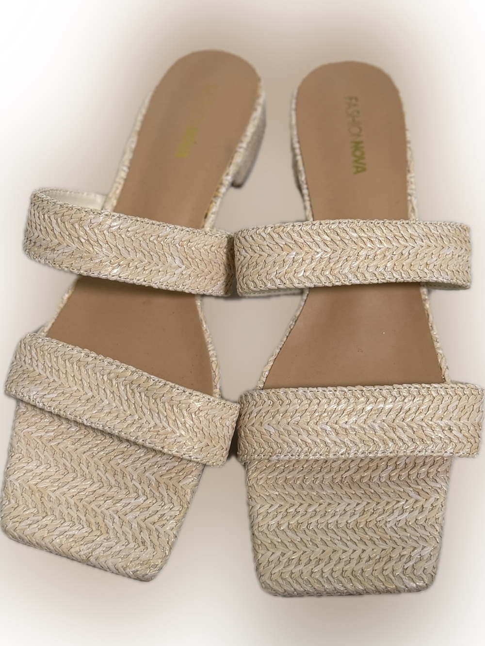 Fashion Nova Raffia Woven Double Strap Slide Sandals Neutral Beige Square Toe 11